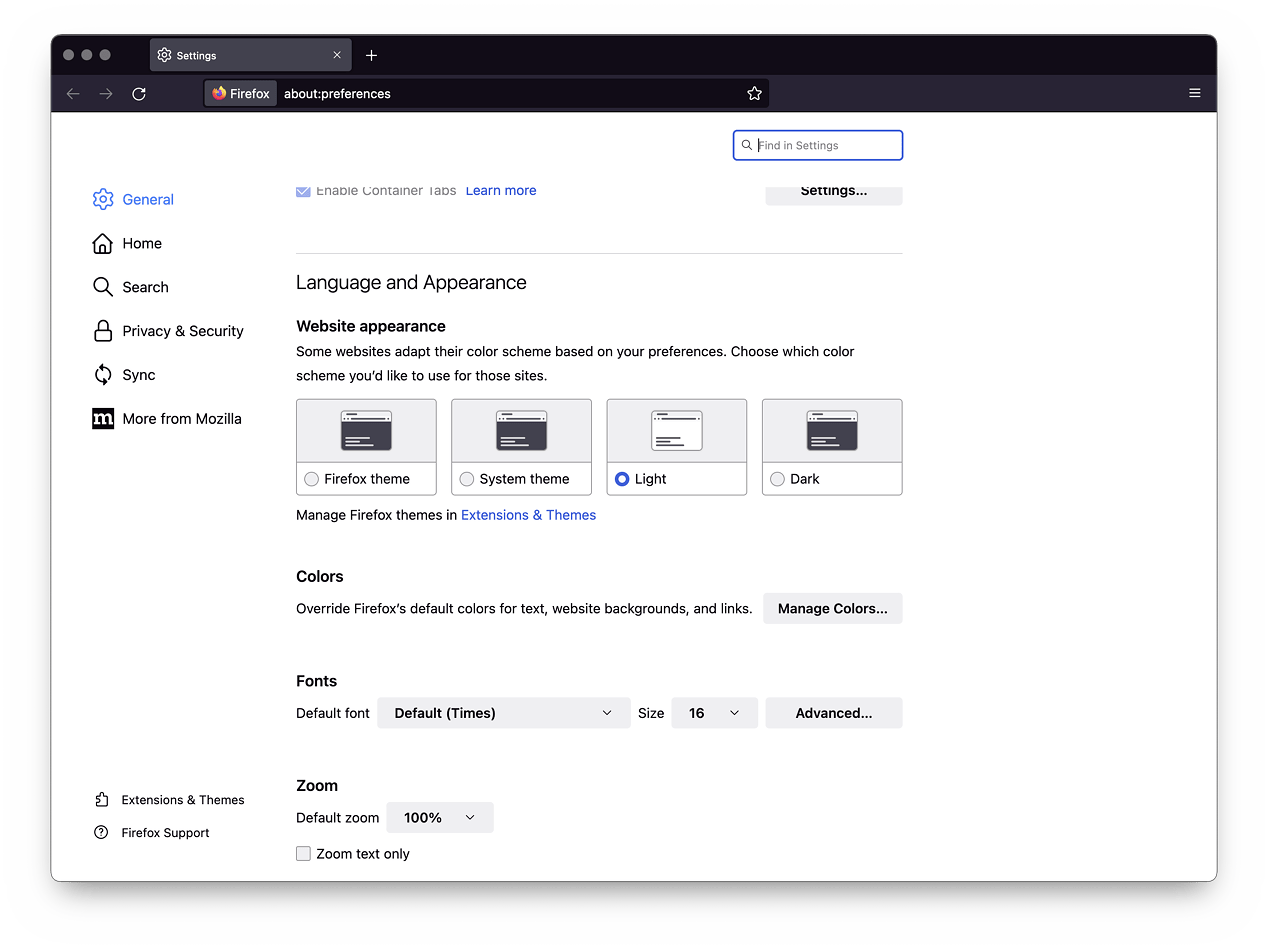 Dark Mode Einstellungen in Firefox 100